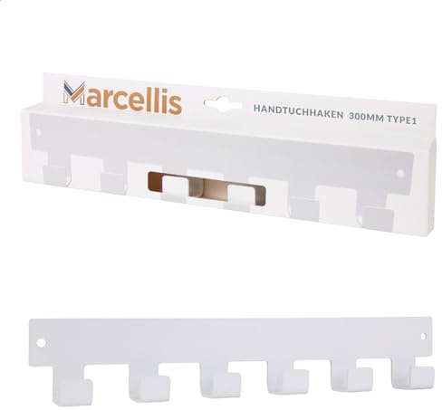 Marcellis Premium Garderobenhaken, Matt Weiß, 6 Haken - Wandhakenleiste ideal als Handtuchhalter oder Hakenleiste - Hochwertige Verarbeitung und Befestigungsmaterial - 5,2x30x2,4 cm (HxWxD)