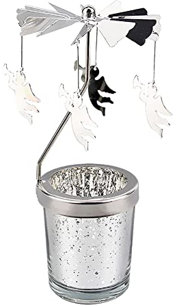BYNYXI Silber Engel Kerzenhalter Glas Teelichthalter, Spinning Kerzenhalter Karussell Teelichtgläser Eisen Metall Rotierender Kerzenständer für Wohnzimmer Tischdeko Geschenke Heimdekoration