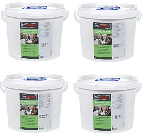 PICO Protect® 30, Desinfektionstücher, 4x120 Blatt im Eimer, alkoholfrei, für Flächen und Gegenstände - Alkoholfreie Tücher zum Desinfizieren - Blattgröße 30x25cm, Inhalt: 4 Eimer