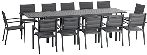 Outsunny Salon de Jardin en Aluminium et textilène Table Extensible 12 Personnes - 12 chaises empilables - dim. Table 200/300L x 90l x 75H cm Gris