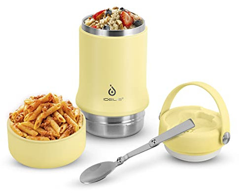 Ideus Essensbehälter mit der Faltlöffel, Edelstahl Isolierte Lebensmittelflasche 600ml, für Schule, Büro, Reise, Camping, 12 Stunden heiß, 24 Stunden kalt (20oz,Hellgelb)