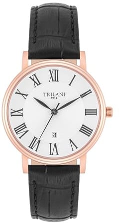 Trilani Damen Uhr Edelstahl roségold Quarzwerk 5 ATM | Echtleder Armband, schwarz, Krokodil (Prägung), Zifferblatt weiß, Mineralglas, Armbanduhr, Fashion-Uhr