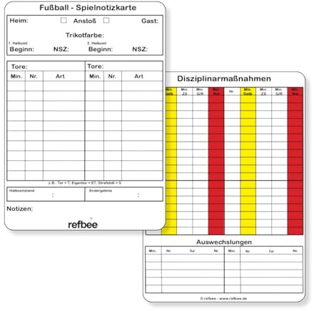refbee Schiedsrichter Spielnotizkarten Fußball – 50 Stück – gemäß DFBnet - Praktisch & Robust