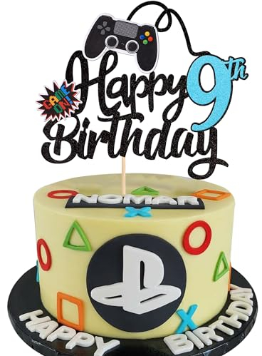 1 Stück 9th Videospiel Tortendeko Glitter Geburtstag Cake Topper Gaming Happy Birthday Kuchen Deko Videospiel Thema Cake Dekoration für Jungen Kindergeburtstag Spiel Thema Party Dekoration Blau
