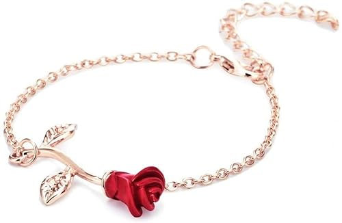 Générique Tempérament Élégant Rouge Rose Fleur Bracelet Réglable Pied Chaîne Bracelet Cadeau pour Femmes, Or Rose