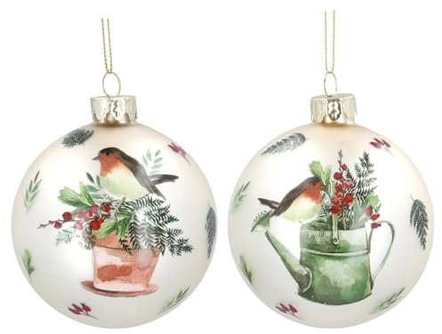 Set of 2 Gisela Graham Glass Robin on Watering Can Baubles