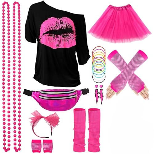 BBring Kostüm 80er Jahre Damen,80er Jahre Accessoires Outfit Damen, Kleidung Set mit Bauchtasche, Stirnband, Beinwärmer, Armbänder, Brille und Ohrring für Karneval NeonParty Outfit(Rot,XXL)