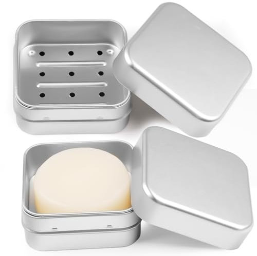 WINKIO 2 Stück Rasierseife Box Herren, Seifendose mit Abtropfgitter, Seifenbox Reise Wasserdicht aus Aluminium, Seifenschale Klein für Reise,Festes Shampoo Seifendose |Metalldose|Soap Box