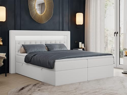 MKS MEBLE Boxspringbett 200x200 mit Led Weiß Kunstleder, Bett 200x200 mit LED Kopfteil, Multipocket Matratze H3, Doppelbett mit Bettkasten Stauraumbett - Gold-6 - Weiß Kunstleder