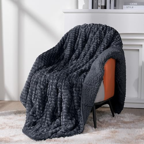 Topblan Sherpa Weighted Blanket for Adluts, Soft Cozy Jacquard Fleece Weighted Blankets Twin Size 12lbs, Thick Heavy Blanket for Sleeping, 48 x 72 inches, Dark Grey