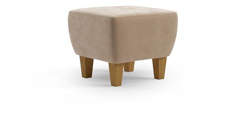 Cavadore Hocker Vida / Polsterhocker mit massiven Holzfüßen in Eiche / 52 x 46 x 52 / Mikrofaser, Hellbraun-Beige