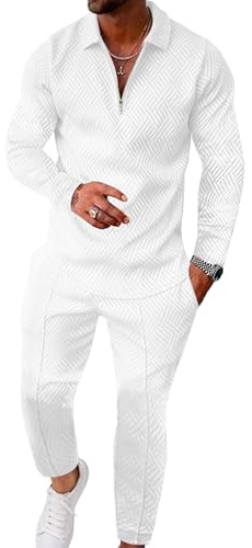 UOUA Herren 2-teiliges Set Freizeitoutfit Langarm Polo-Shirt & Hose Trainingsanzug Wohnanzug Sportanzug in Weiß M