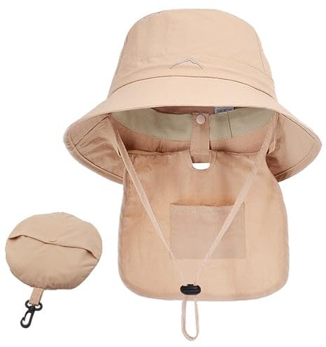 WANYIG Sonnenhüte Herren Damen Faltbar Fischerhut Anglerhut Sommerhut Outdoor Hut Sommer Wasserdicht Bucket Hat Safari Boonie Hut Atmungsaktiv UV Schutz mit Nackenschutz (Beige)