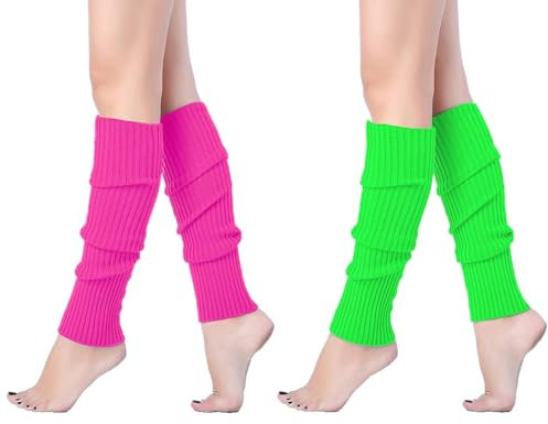 WMUVAZA Jambières sexy, 2 paires Guêtre fluo pour les costumes des années 80-90 pour les fêtes à thème, Jambières pour Femmes Arc-en-ciel Couleurs Fil d'hiver Tricot Guetre pour Femmes Filles