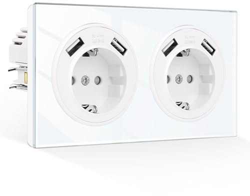 CNBINGO Doppelsteckdose Unterputz mit Krallen - Glas Schuko Steckdose mit USB-A (Max 2.1Amp total) - 16 Amp Wandsteckdose - Weiß