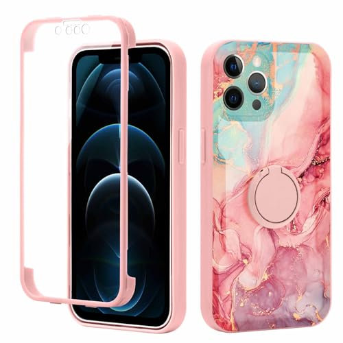 Yoedge Kickstand Phone Case for iPhone 12 Pro 6.1,360°Rotatable Magnetic Ring Holder Cases,Full Body Shockproof Silicone Cover with Built-in Screen Protector,Pink Marble Pattern for iPhone 12 Pro