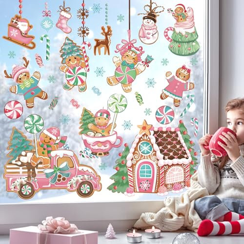 wondever Fenstersticker Weihnachten Lebkuchen Rosa Fenster Aufkleber Lebkuchenmann Süßigkeiten Fensterbilder Fensteraufkleber Anti-Kollision Doppelseitig Glasaufkleber Weihnachten Deko