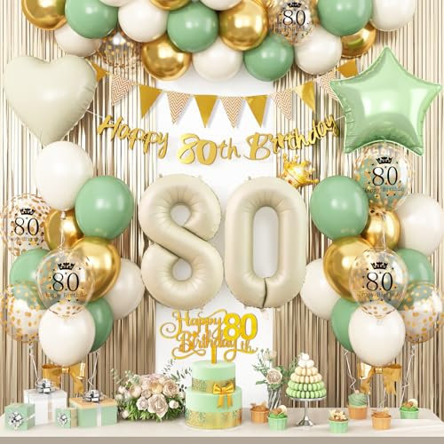 80th Birthday Decorations for Women Men,Sage Green Gold 80th Balloons Decorations Happy 80th Birthday Balloons Birthday Banner Cake Topper Fringe Curtain for 80 Year Old Birthday Party Decor