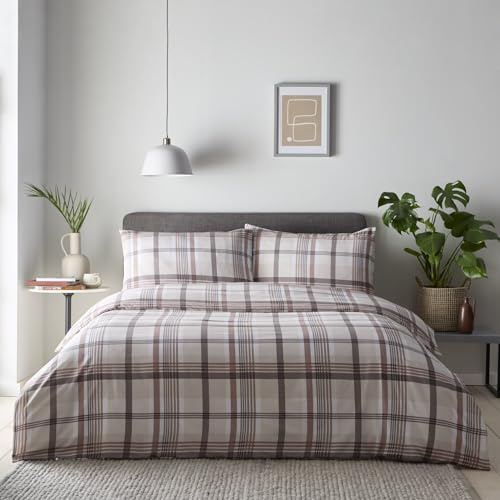 Portfolio Home Prague Checkered Check Natural Double Soft Easy Care Bed Linen Bedding Duvet Cover Quilt Set With Pillow Cases