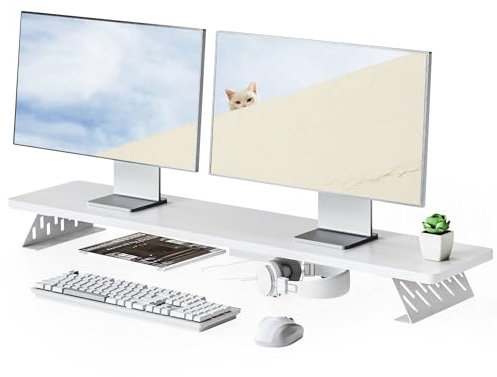 Fenge Monitor Stand Riser for Desk Large Computer Monitor Stand for 2 Monitors Wood Desk Organizer Stand for PC, Laptop, Printer, TV Screen (White, 108CM)
