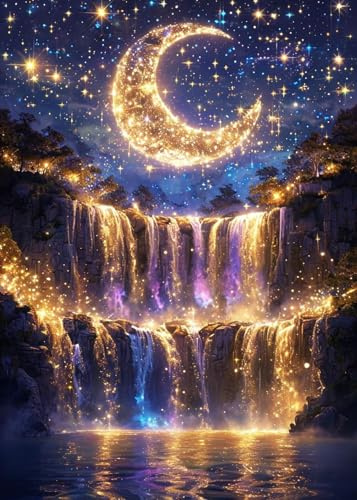 5D Diamond Painting Mond Wasserfall,Landschaft Diamond Painting ,Diamant Malerei Set für Erwachsene Anfänger,DIY Vollbohrer Diamant Painting Bastelset,Wanddeko für Wohnzimmer Schlafzimmer(30x40cm)