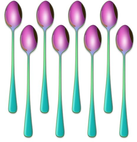 Eislöffel 19 cm (7,5) – 8er Set lange Löffel aus Edelstahl Bunt,Latte Macchiato Löffel,Dessertlöffel Joghurtlöffel lang Löffel für Eisbecher & Latte Macchiato Glas