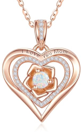 Zeuslia Rose Gold Heart Necklaces for Women Mother Mom, 925 Sterling Silver I Love You Jewellery, Womens Jewel with Birthstone Pendant