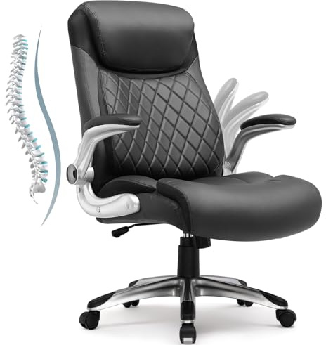 COMHOMA Bürostuhl Ergonomisch, Schreibtischstuhl mit klappbaren Armlehnenmit und Hoher Rückenlehne, Wippfunktion, Chefsessel, Kratzfeste Leder, 180KG, Schwarz
