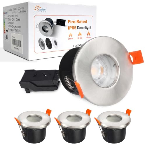Sweier Fire Rated Downlights for Ceiling, 5W IP65 Bathroom Spotlights Waterproof 480LM 6000K Cool White Dimmable Recessed Ceiling Lights Satin Nickel, for Cut Out 70-75mm, AC220V-240V, 4 Pack