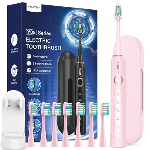 Electric Toothbrush for Kids and Women - Sonic Electric Toothbrushes with 8 Toothbrush Heads and 2 Minute Smart Timer, 90 Days Battery Life, 5 Brushing Modes, Travel Case (Rose)