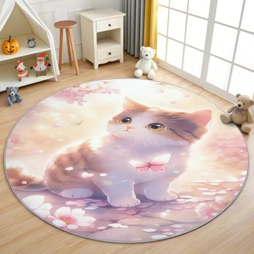 AevuCub Katze Kitty Teppich Rund 120cm Kurzflor - Waschbare Teppiche Wohnzimmer Süße Katzen Kinder - Runder Teppich 120 Durchmesser Kinderzimmer - Bettvorleger Schlafzimmer rutschfest Weich