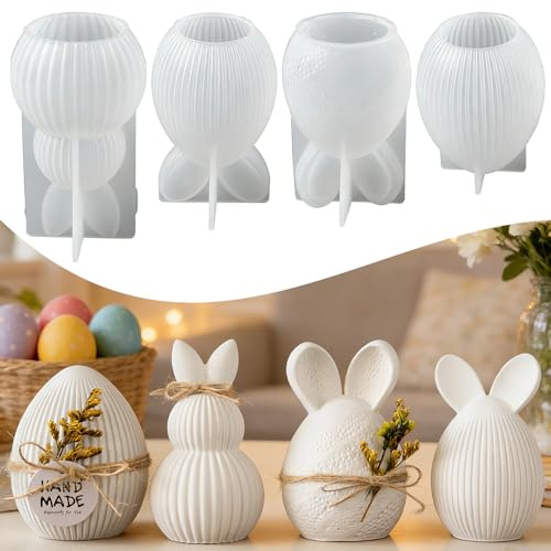 4 Stück Silikonformen Gießformen Ostern, Silikonformen Gießformen, 3D Eierform Ostereierform, Silikonform Hase, Gipsformen Zum Gießen, 3D Osterhase Kerzenformen, Kerzenform Osterdeko Gießform Hase