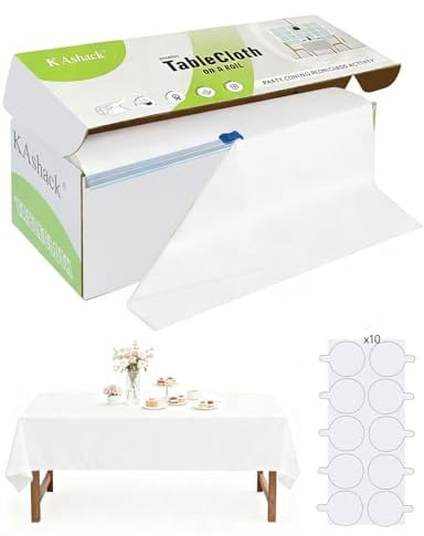 Plastik Tischdecken Rolle Weiß Einweg-Tischdecke mit Cutter-Box,137cm x 94m | PEVA Plastiktischdecke mit Cutter-Box & 100 Nano-Aufklebern für rechteckige & runde Tische, Party, Picknick Babypartys Events