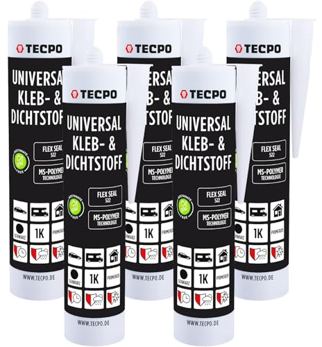 TECPO Universal Kleb- und Dichtstoff MS-Polymer 5x 480g Schwarz Flex Seal 522 elastisch, silikonfrei, lösemittelfrei, Auto Wohnmobil Bau Industrie Innen und Außen