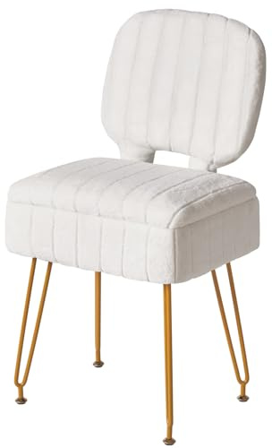IBUYKE Vanity Stool with Storage, Folding Back Makeup Chair, White WBD030W | Rectangular Small 15.75 x 11.81 x 29.13 Velvet Cute Ottoman Stool Living Room Anti-Slip Feet