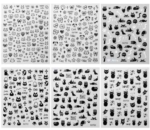 BIRLOZA 6 pcs Cute Nail Sticker, Selbstklebend Nagelsticker, Nail Art Sticker, Nageltattoos, Nagelsticker Kinder, Fingernägel zum Aufkleben Kinder, Nagel Aufkleber (Schwarz)