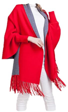 MyBeautyworld24 Frauen Kaschmir Poncho Strickjacke Strickpullover Mantel Winter Pullover Oversize Schal mit Ärmeln Farbe rot grau