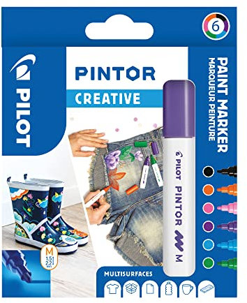 PILOT PINTOR Kreativmarker – 6 Stück in M – Fun-Farben – Farbmarker-Stifte für DIY-Projekte, für fast alle Oberflächen, schnell trocknend und gut deckend