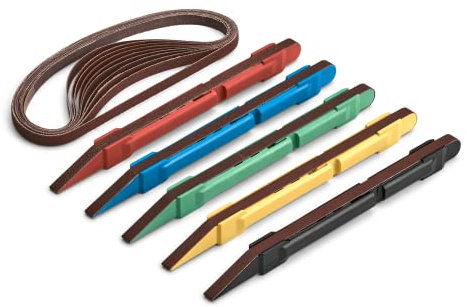 5 Piece Sanding Detail Stick Set with 2 Extra Replacement Belts per Stick, 5 Grits 120, 240, 320, 400 & 600 Grit Made in The USA for Sanding Wood, Metal & Plastics, Long Life Sanding Belts
