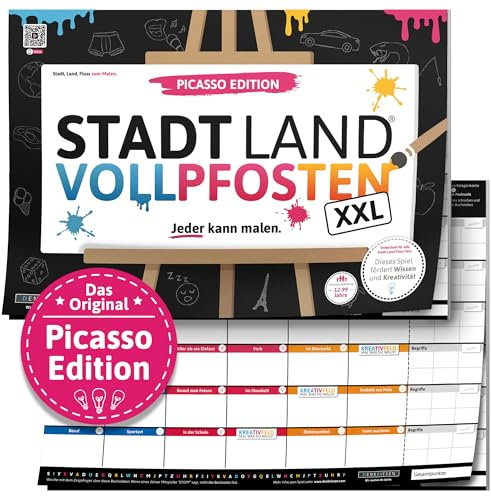 DENKRIESEN - Stadt Land VOLLPFOSTEN® - Picasso Edition | Stadt Land Fluss zum Malen | Ab 8 Jahren | Familienspiel | Kreatives Zeichenspiel | 23 Kategorien | Spaßiges Gesellschaftsspiel für alle