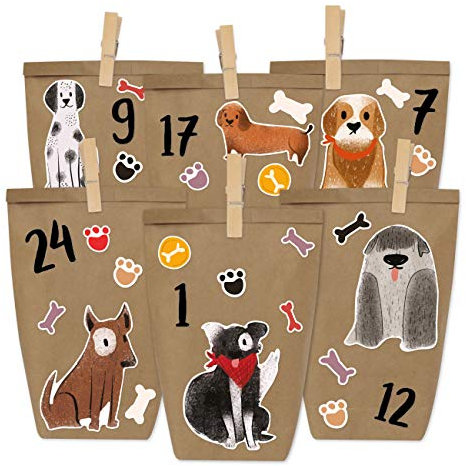 Papierdrachen Adventskalender zum Befüllen - Hunde zum Aufkleben - mit 24 weißen Papiertüten und tollen Stickern für Kinder - Weihnachten