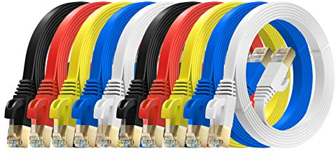 MutecPower 3m 10 Pack Cables de red Ethernet ULTRA PLANO CAT 7 con enchufes RJ45 Cable Delgado Patch LAN Latiguillo - Cables de 3 metros rojo/amarillo/azul/negro/blanco con bridas y clips
