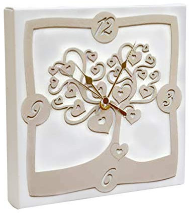 oggettando, Orologio da Parete Ecopelle Bianca Applicazione Legno Tortora Albero della Vita in Scatola da Regalo. Bomboniere, anniversari. Regali utili, Originali ed Economic. (23x23 cm)