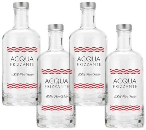 BrandPrint Set di 4 Bottiglie in Vetro Modello Iside da 750 ml, serigrafate, con Tappo a Vite in Alluminio. Bottiglia Plastic Free. (4 Frizzante)