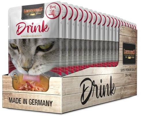 Leonardo Drink Beef [20x40g Multipack Sorte Rind] Katzendrink | getreidefreie Fleischbrühe mit Fleischstreifen | Ergänzungsfuttermittel für Katzen