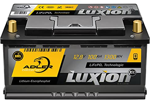 LuxION Lithium LiFePO4 Batterie 12V 100Ah inkl. Smart BMS für Wohnmobil, Solar, Boote, Golfwagen, USV, Notstrom, Alarmsysteme, Antrieb und Beleuchtung