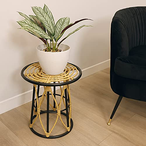 Charles Bentley Flat Top Casablanca Round Plant Stand Black 40 x W35cm Natural Plastic Rattan Tall Planter Woven Indoor Outdoor Home Side Office