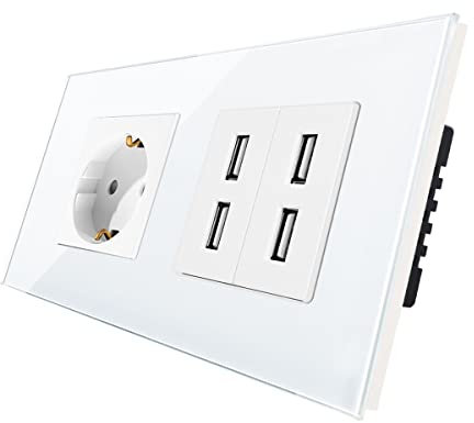 CNBINGO Enchufe Schuko de cristal empotrado, con 4 conectores USB, 2,4 A, enchufe individual, color blanco, enchufe de pared simple con marco de cristal