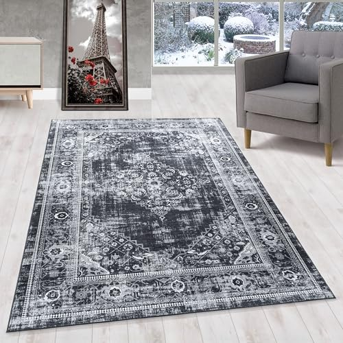 HomebyHome Kurzflor Teppich Wohnzimmer 160x230 cm, Vintage und Klassisches, in Schwarz und Grau - Orient Teppich, rutschfest, Waschbar und Weich - Ideal für Schlafzimmer, Esszimmer, Küche