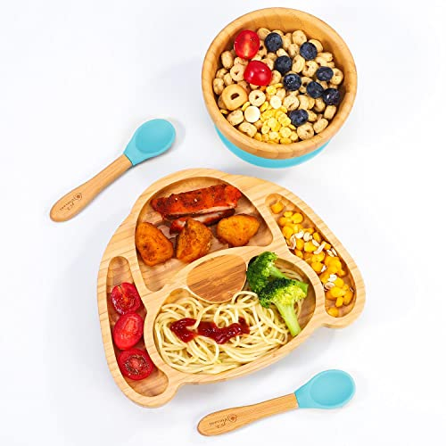 Vinsani Bamboo Dog Plate Bowl and Spoon Set for Baby Toddler Kids Children, Suction Plate, Stay-Put Non-Slip Base Design, Hypoallergenic, Food-Grade Silicone and BPA-Free Baby Feeding Set (Blue)
